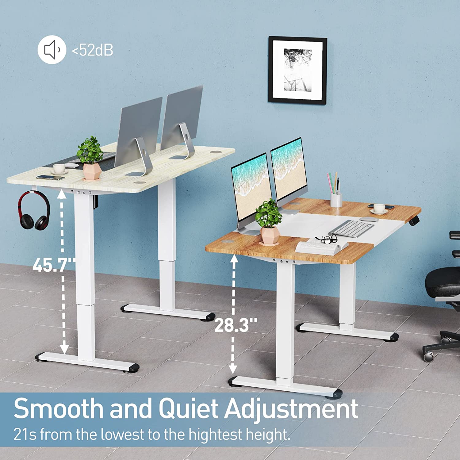 Deep Oak + White adjustable standing desk with height adjustment from 28.3''-45.7''
