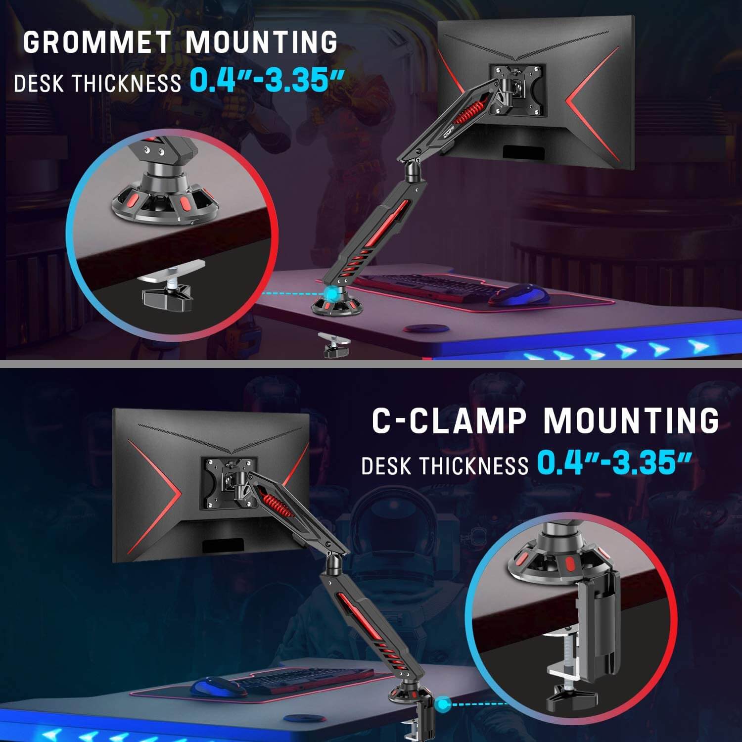 gaming monitor desk arm for grommet and c-clamp mounting