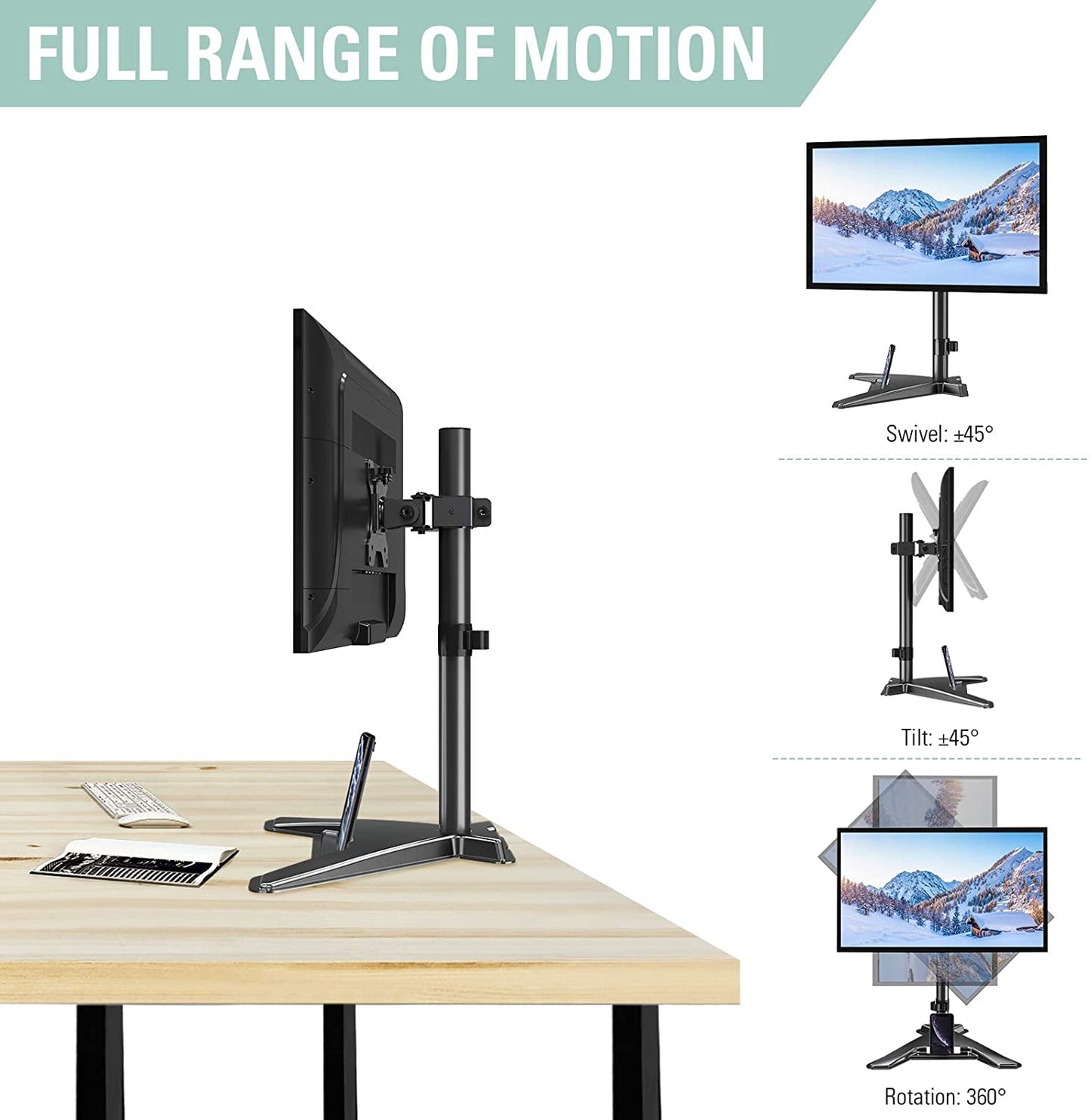 Single Arm full motion single monitor stand with swivel, tilt, and rotation to have a better viewing