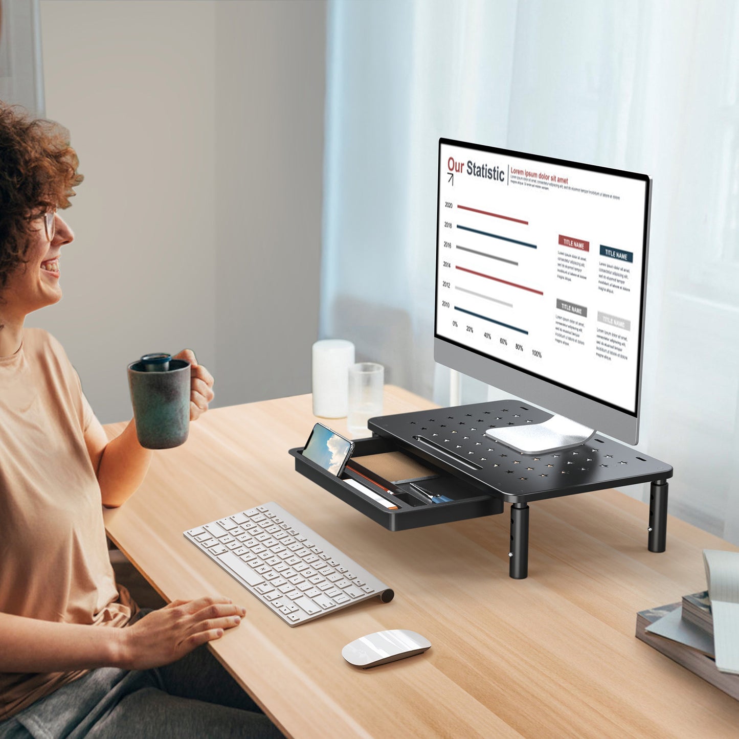 Adjustable Monitor Stand with Divided Drawer