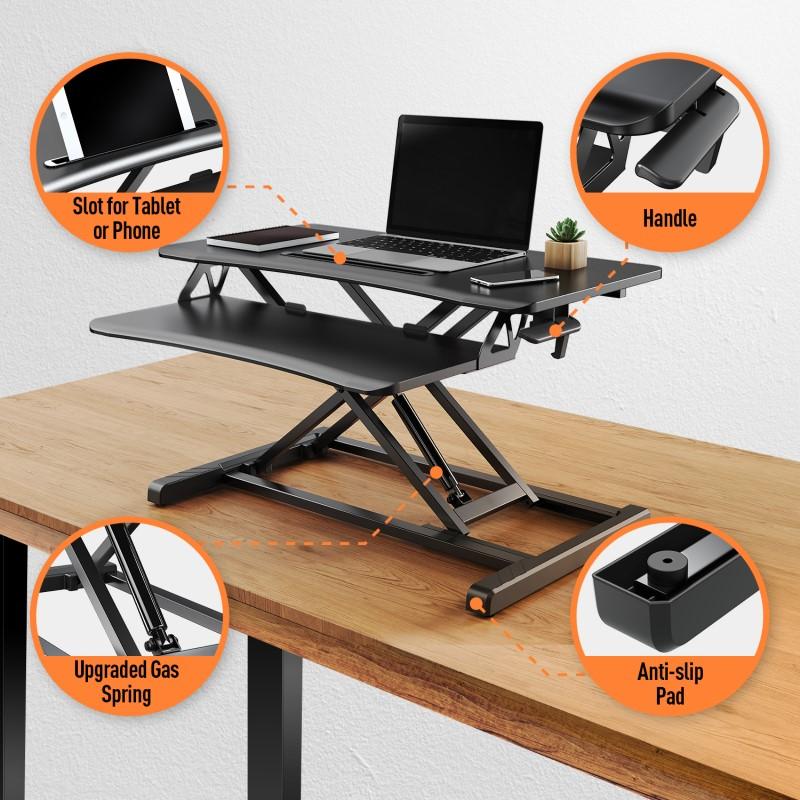 sitting to standing desk riser with upgraded gas spring for smoother adjustment