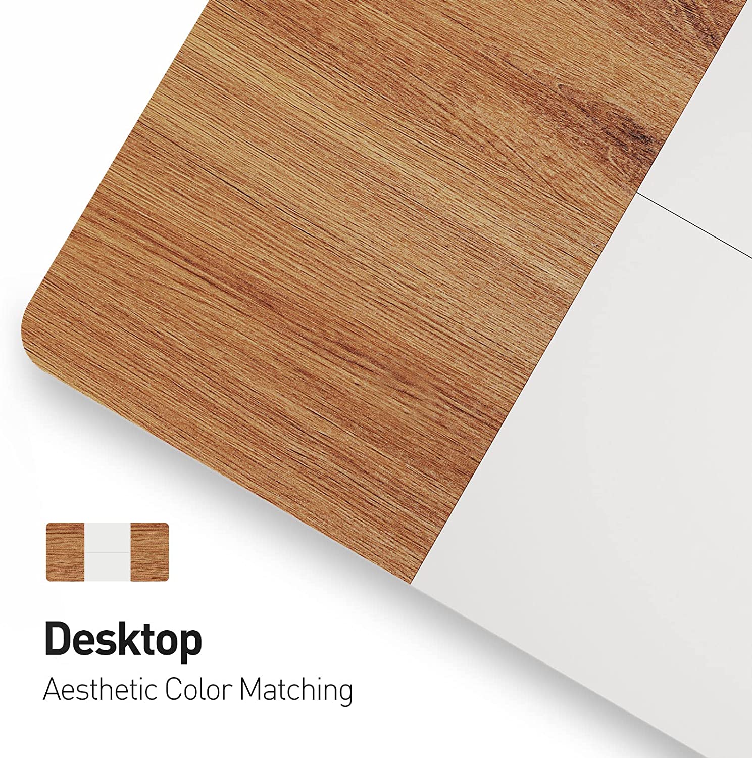 Deep Oak + White sit stand desk with aesthetic tabletop