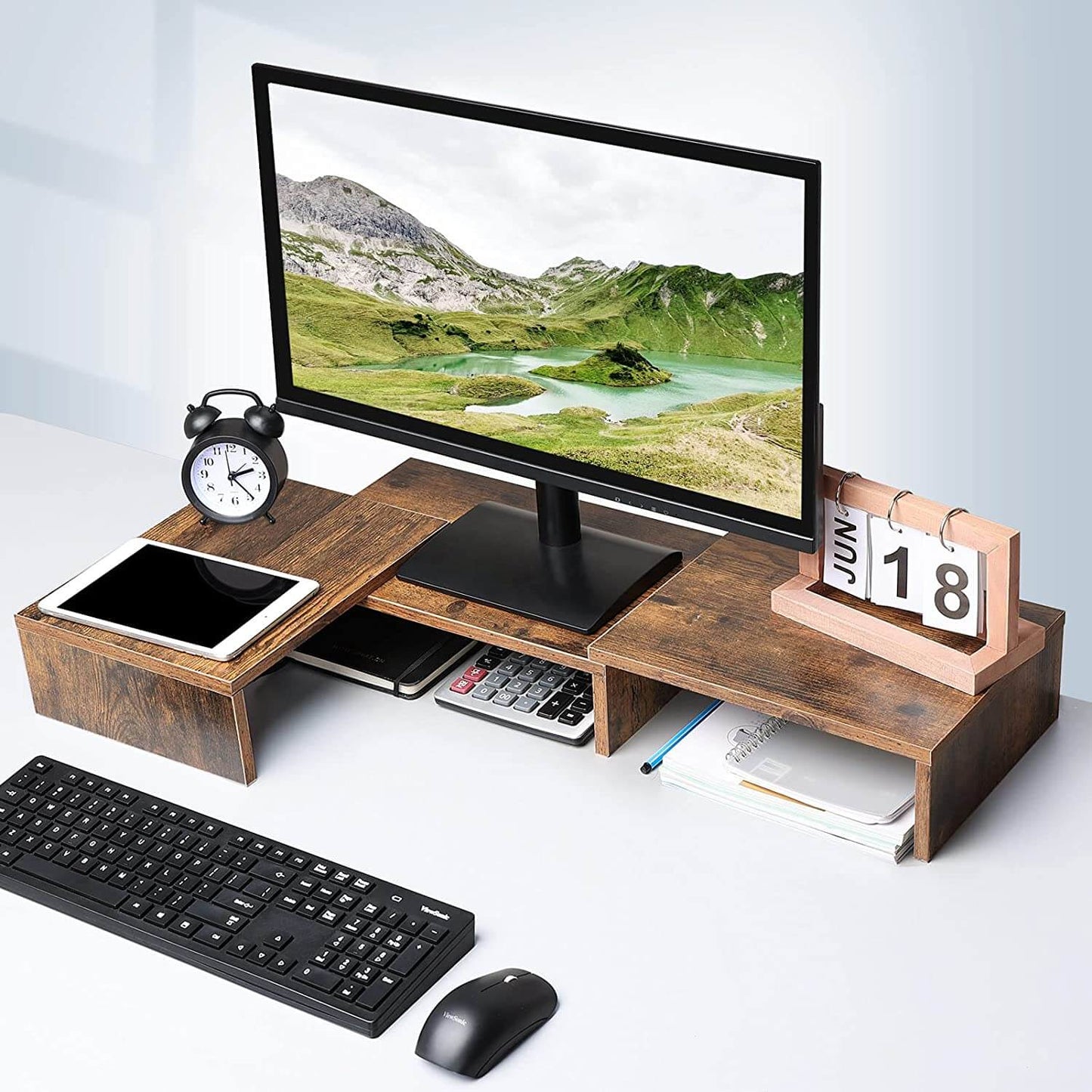 MURARAKA ART Dual Monitor Stand ? 3 Shelf Computer Monitor Riser, Wood  Desktop Stand with Adjustable Length and Angle, Desk Accessories, Office  Supplies Medium Black : : Computers & Accessories