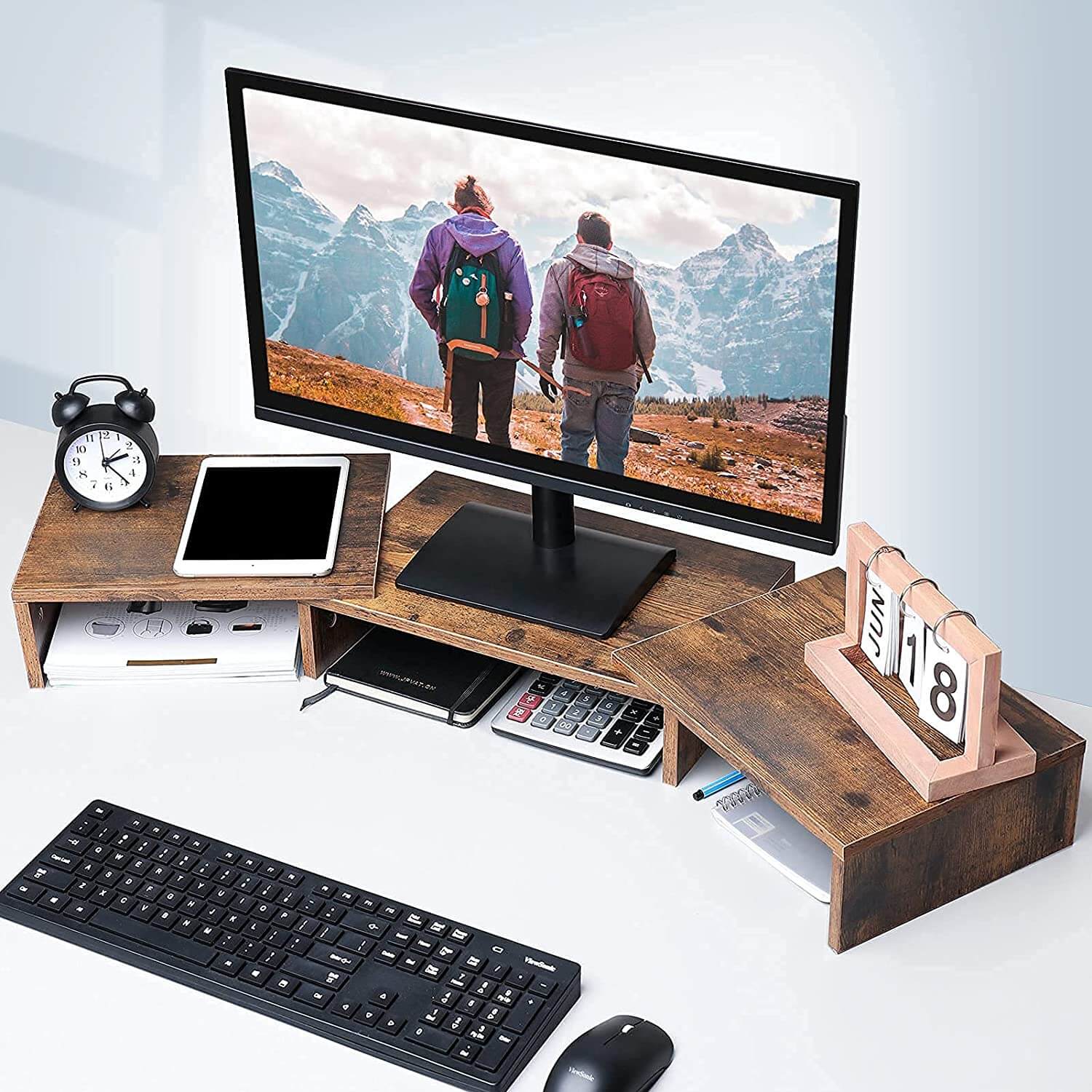 Wooden Dual Monitor Riser Adjustable Monitor Stand with 3 Shelf – WOKA