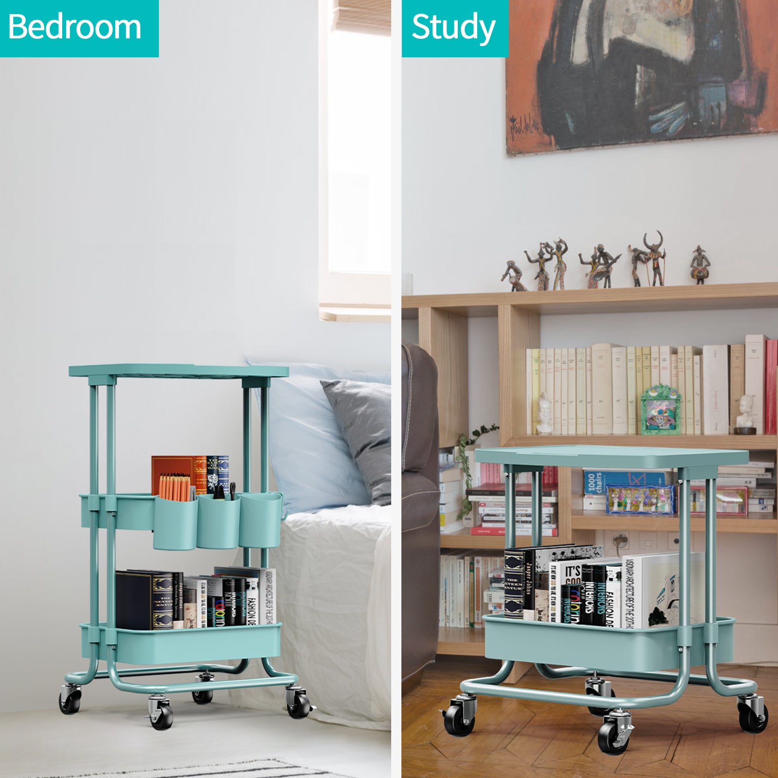 blue rolling cart in the bedroom or study room