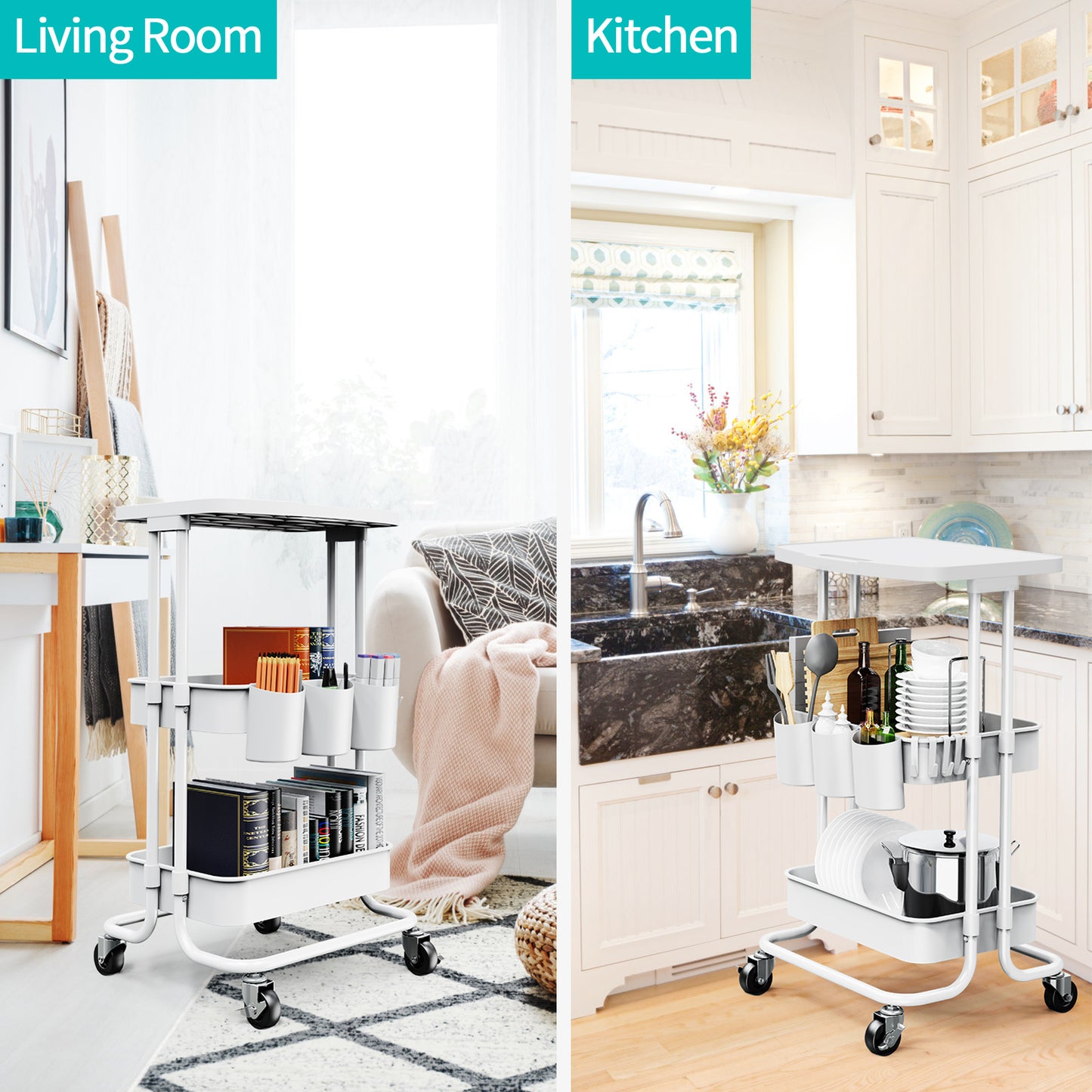 white rolling cart in the living room or kitchen