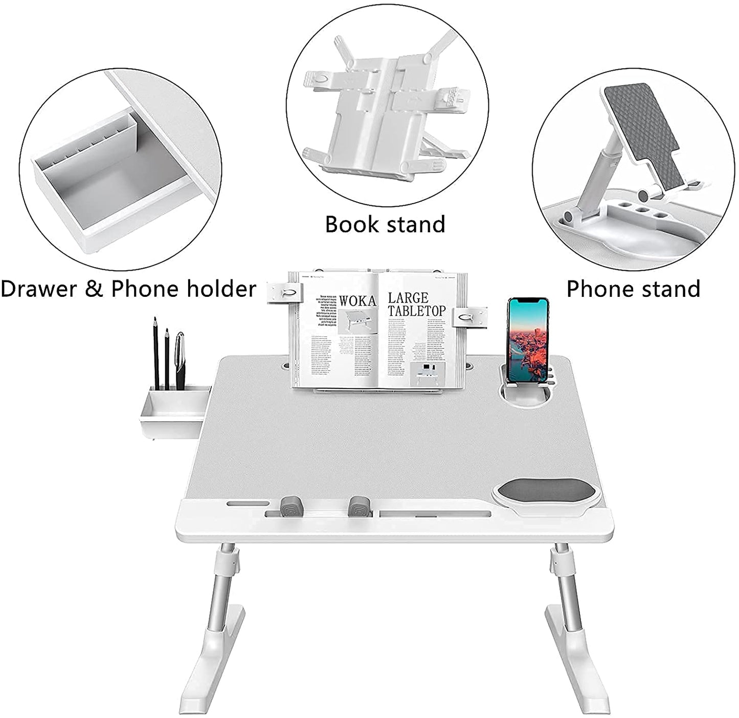 Gray laptop bed desk with phone stand, book stand, and drawer