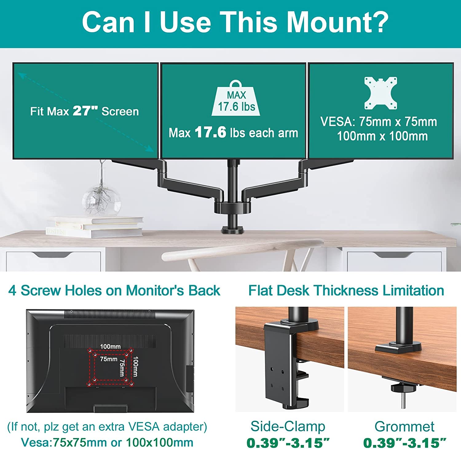 triple monitor mount for 13''-27'' screen loading up to 17.6 lbs.