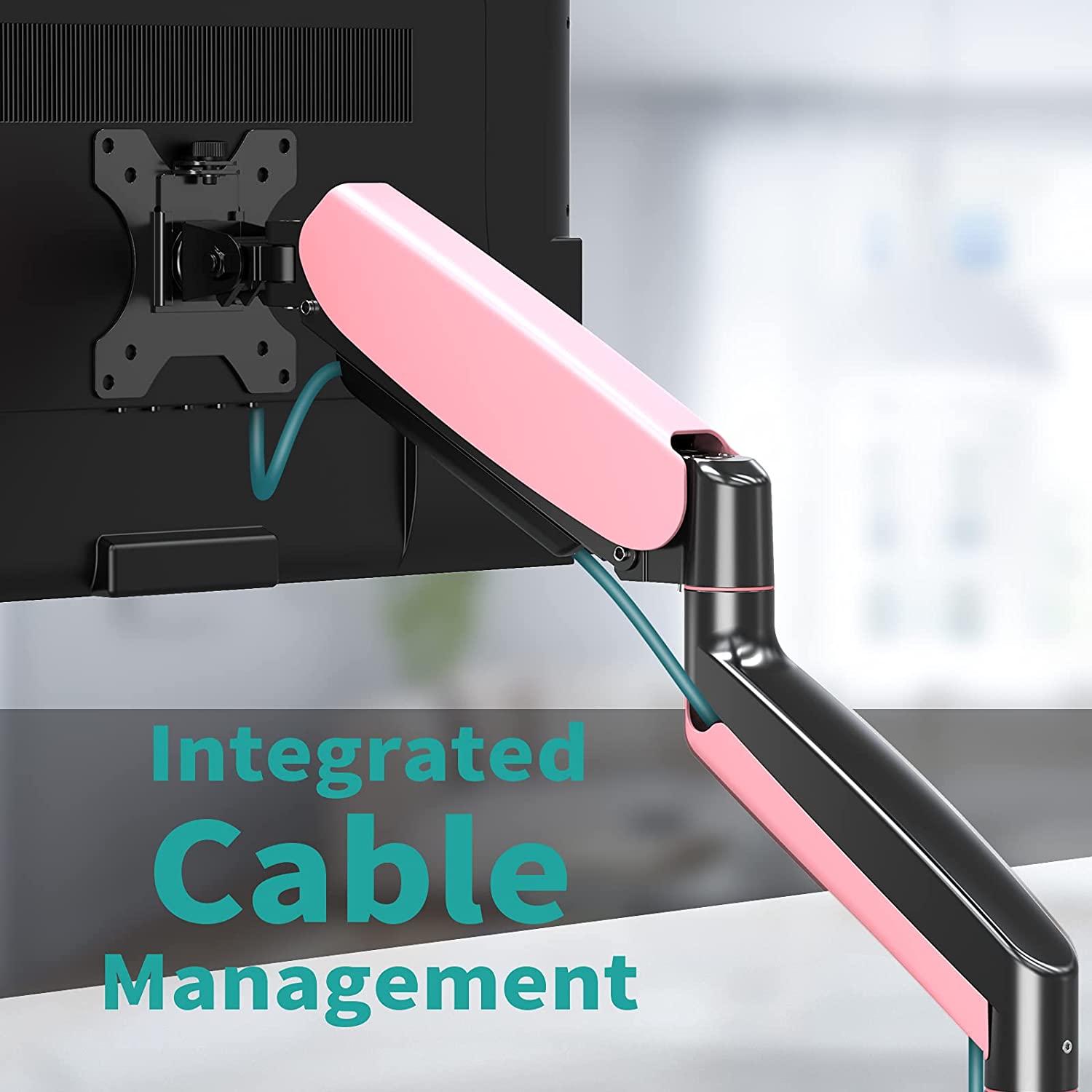 Single Arm pink computer monitor mount with integrated cable management for organizing the desk