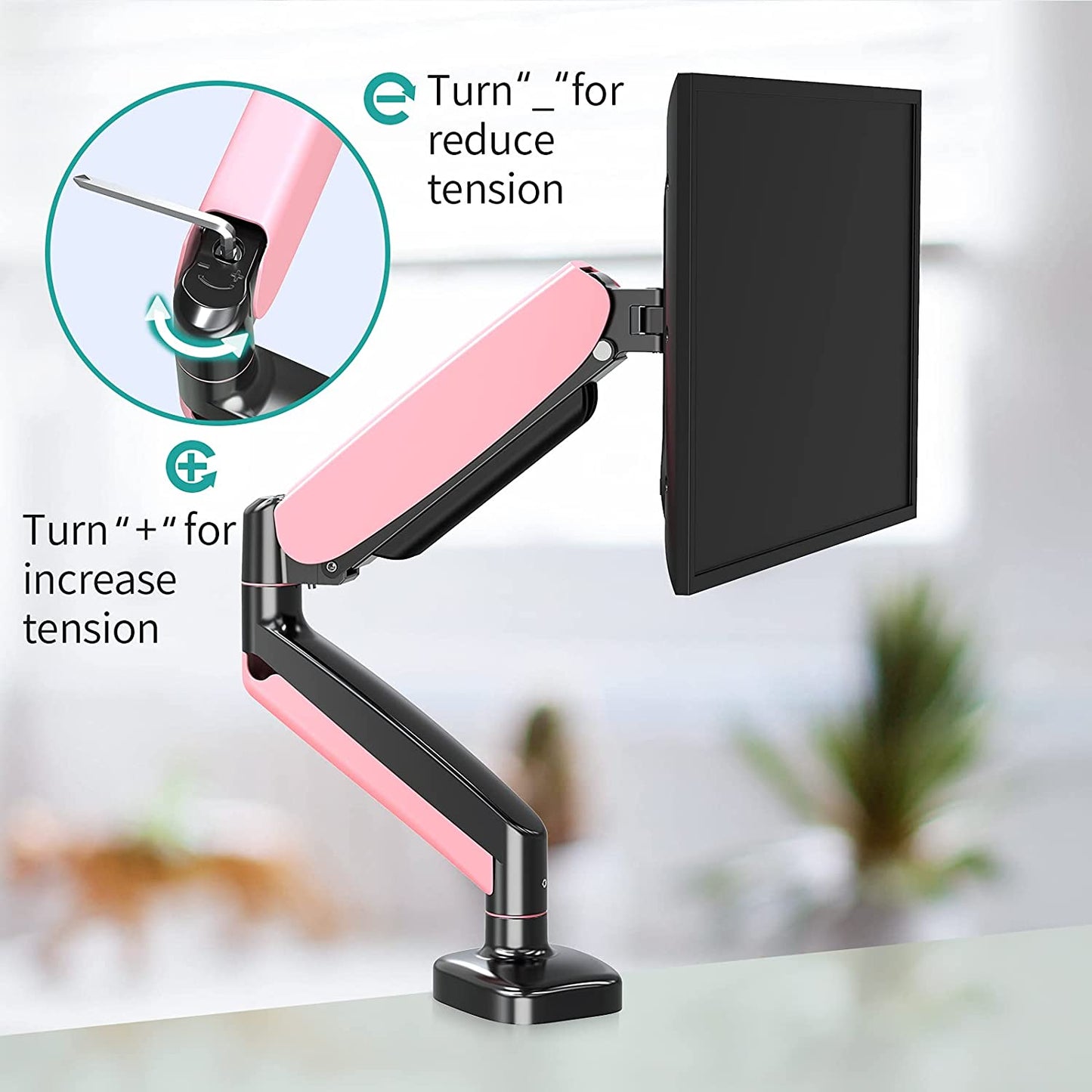 Single Arm pink monitor desk mount with tension adjustment