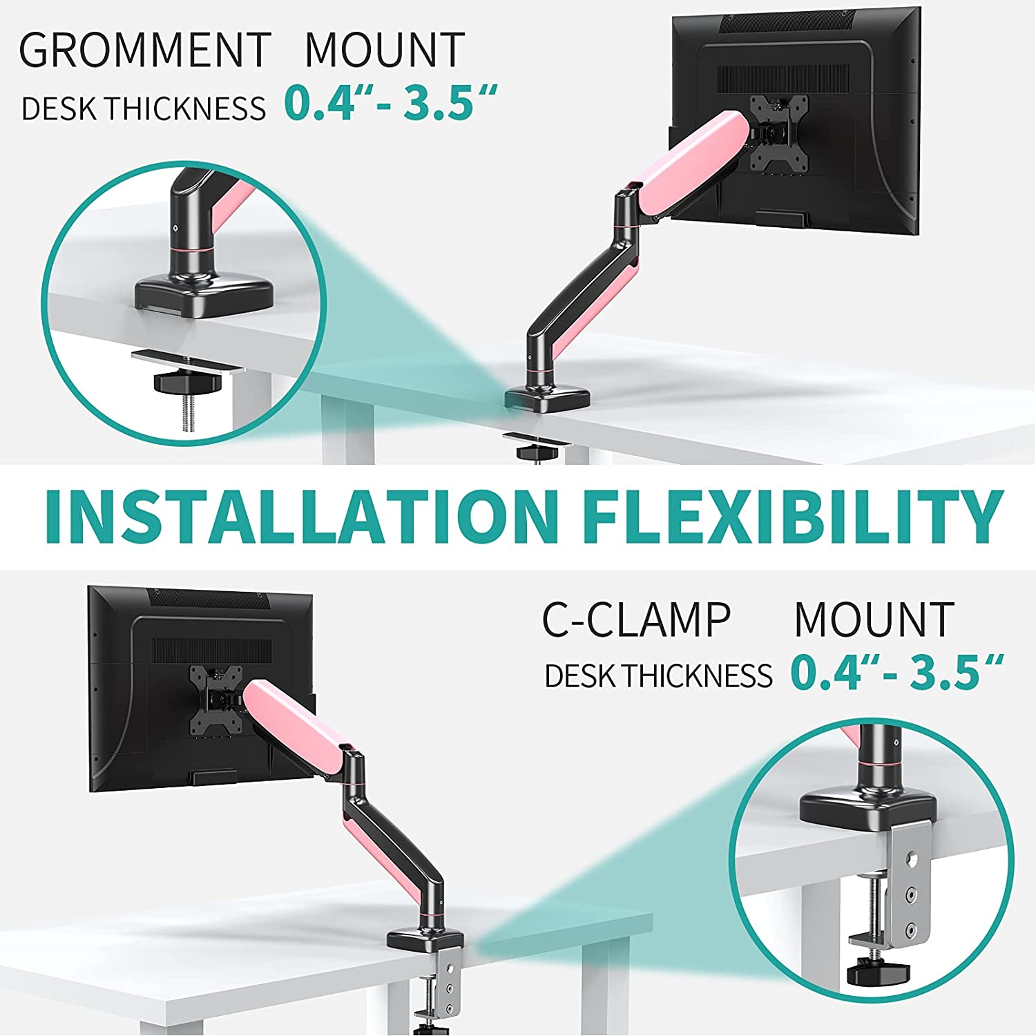 Single Arm pink  monitor desk arm with 2 flexible installation