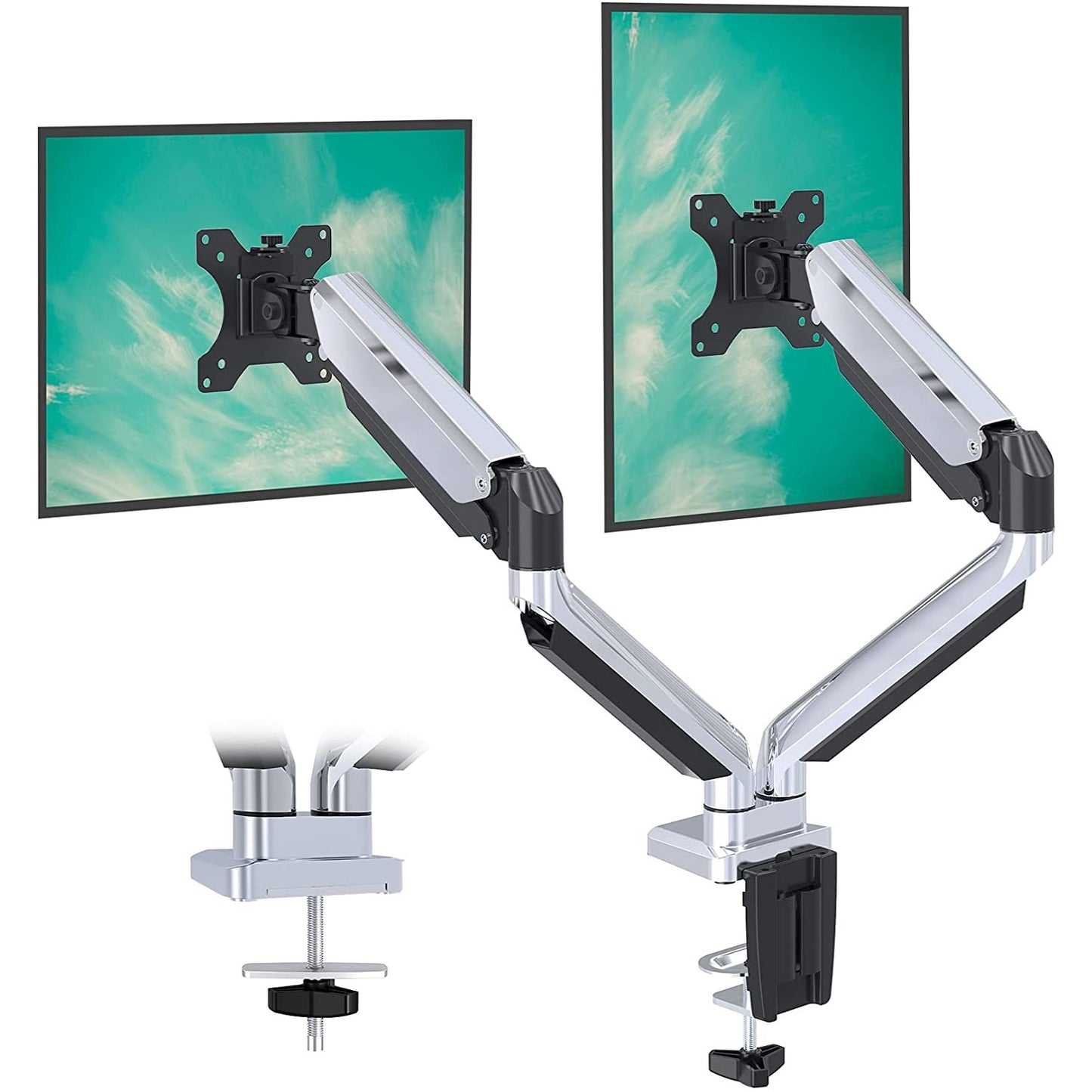 Dual Arms Polished Aluminium Monitor Desk Mount with Gas Spring Arm
